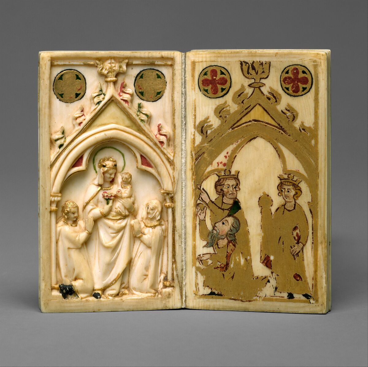Booklet with Scenes of the Passion, Elephant ivory, polychromy, and gilding, North French (carving); Upper Rhenish (painting)