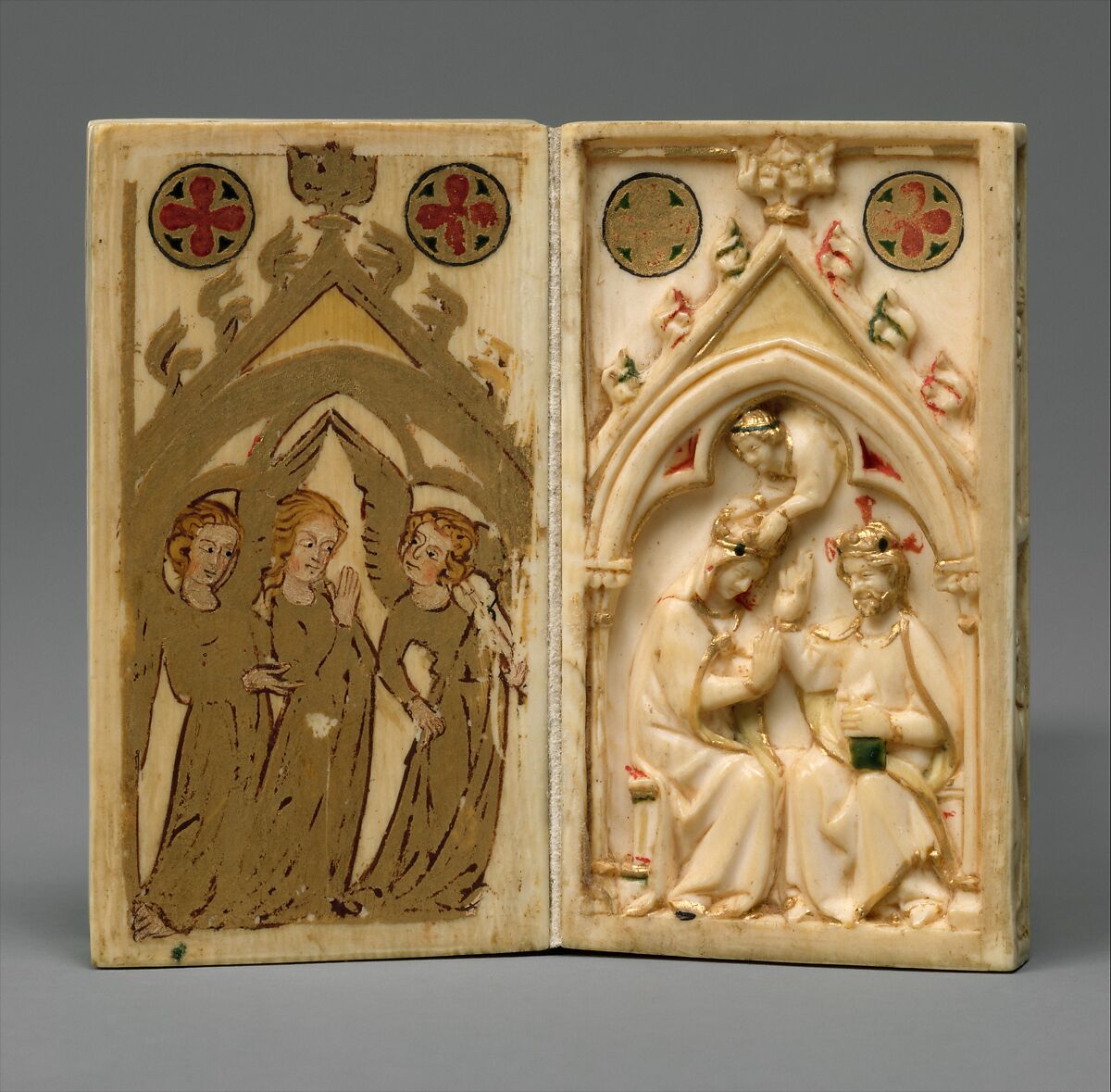 Booklet with Scenes of the Passion, Elephant ivory, polychromy, and gilding, North French (carving); Upper Rhenish (painting)