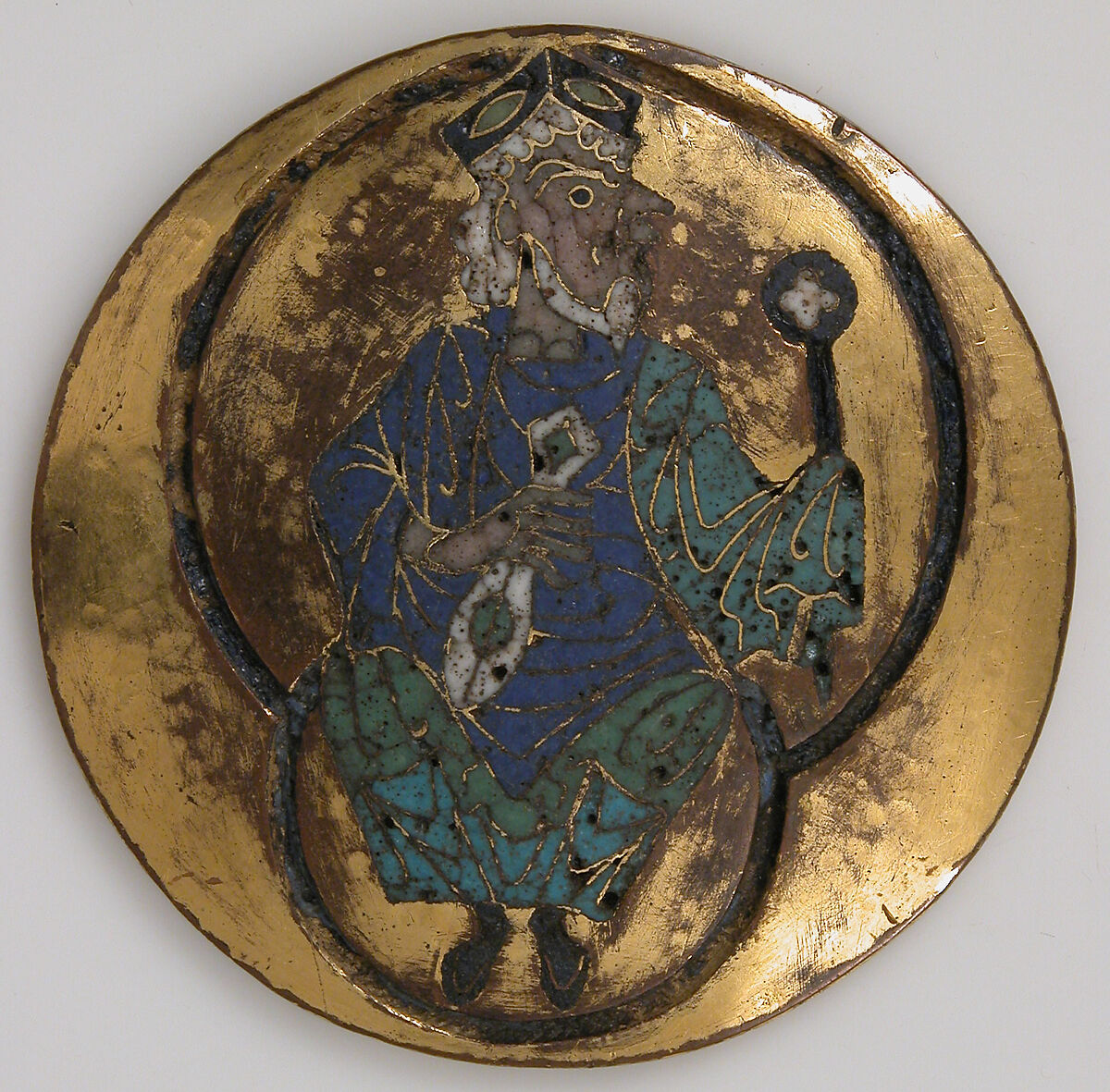 Elder of the Apocalypse, Copper: gilt; champlevé & cloisonné enamel: black, medium and lavender blue, turquoise, almond green, white and pinkish white, French