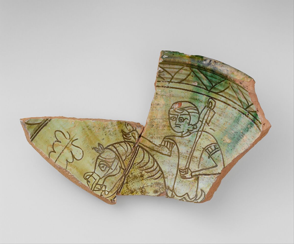 Fragment of a Bowl with a Horse and Rider, Terracotta with green glaze over slip, decorated in sgraffito, Byzantine 