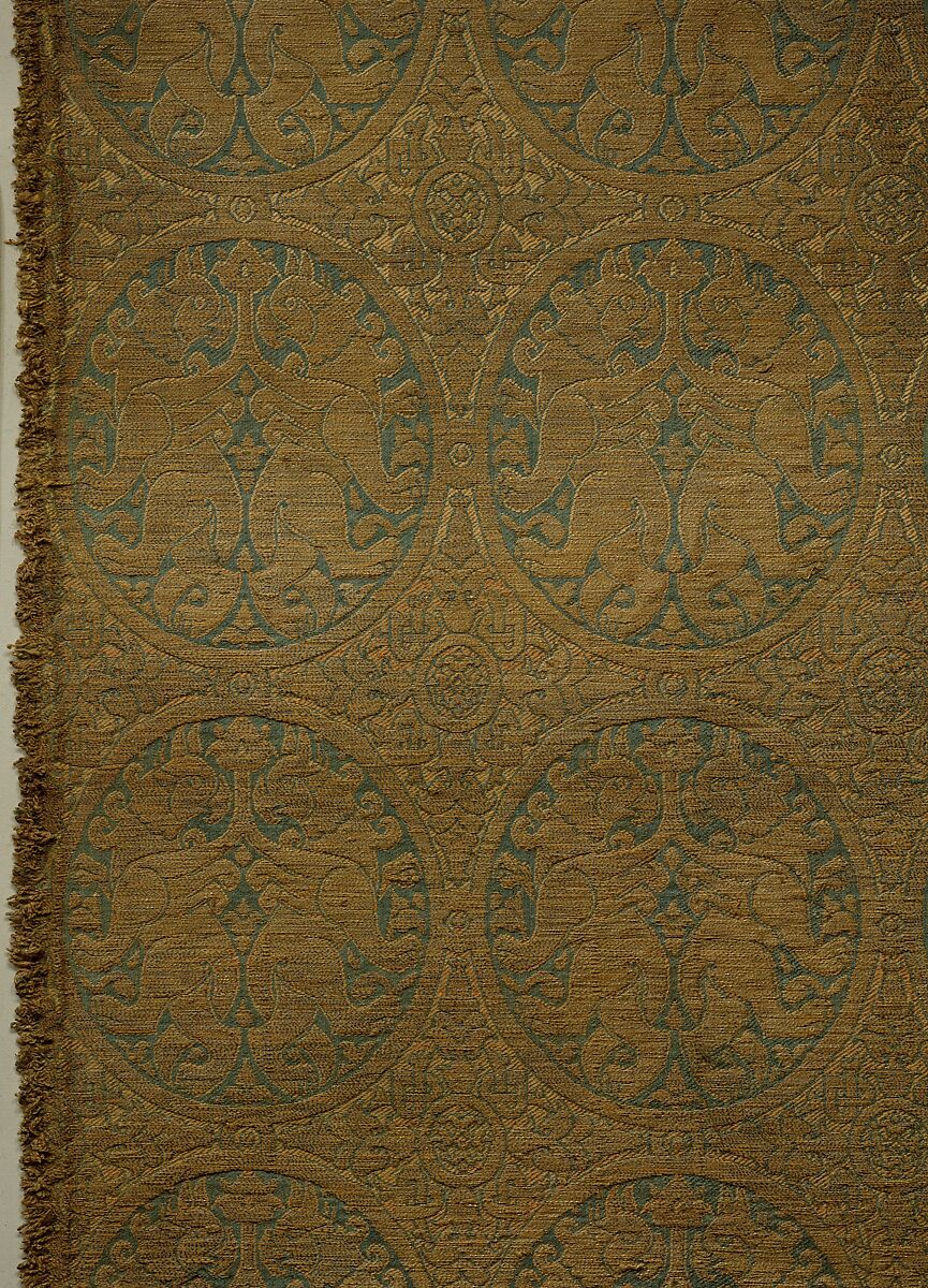 Silk with Griffins, Silk, silver-gilt metal on parchment over cotton, Central Asian, Sicilian, or North African