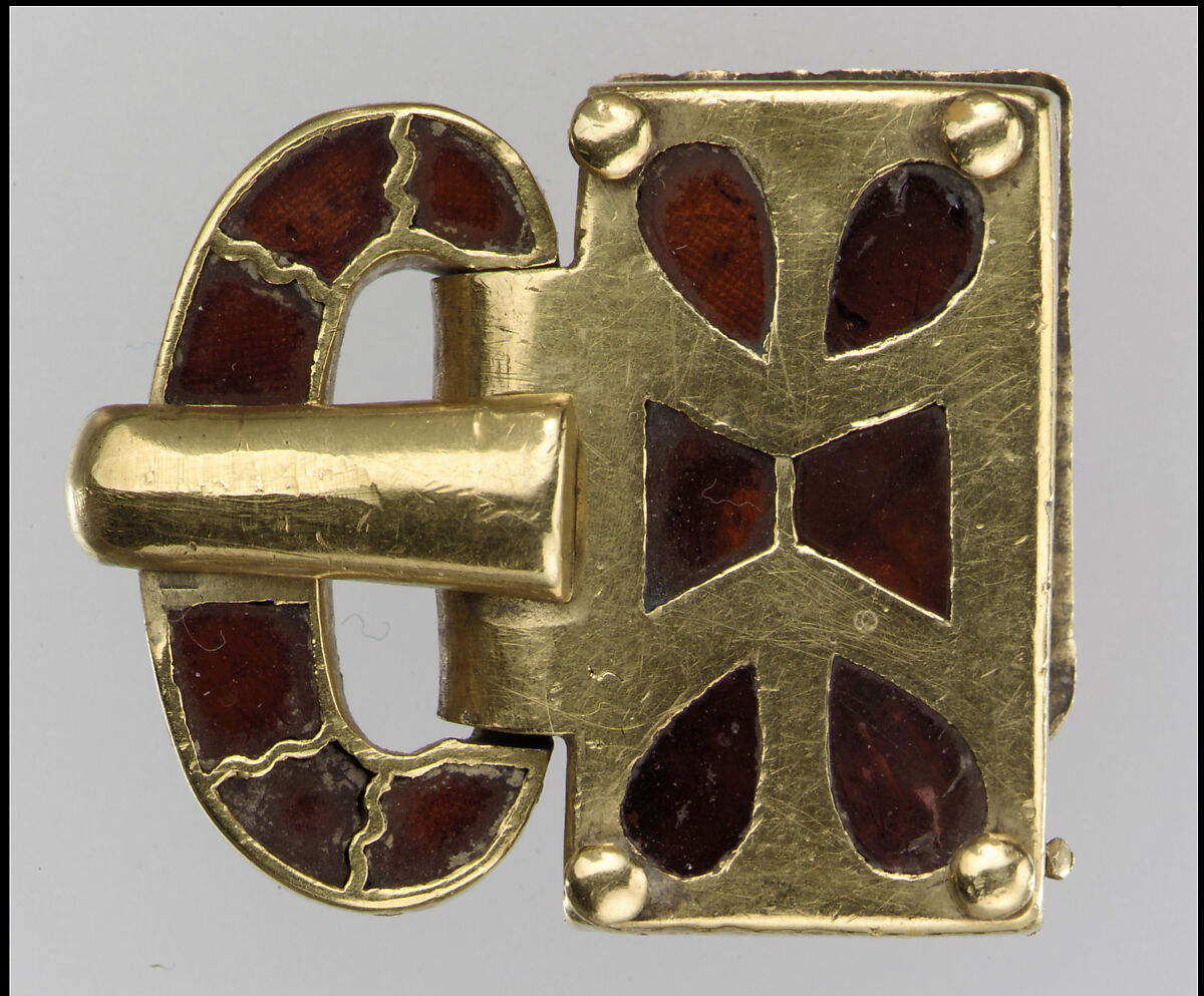 Gold Buckle with Garnets, Gold, garnets with patterned foil backing, cloisonné garnets, Germanic 