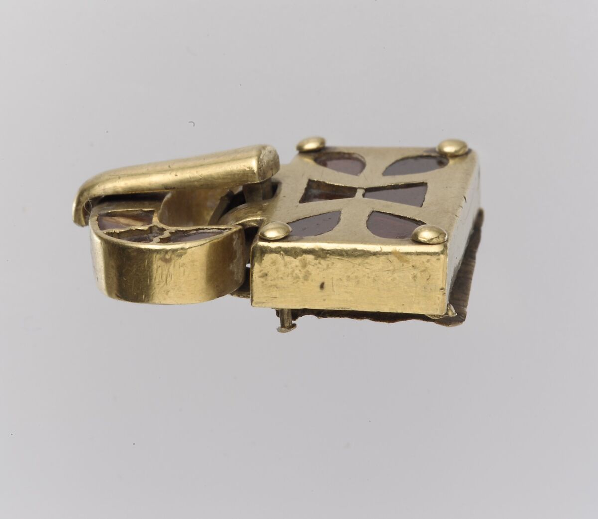 Gold Buckle with Garnets, Gold, garnets with patterned foil backing, cloisonné garnets, Germanic