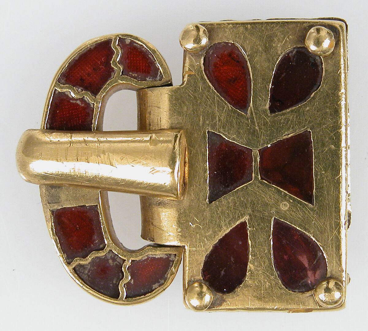 Gold Buckle with Garnets, Gold, garnets with patterned foil backing, cloisonné garnets, Germanic