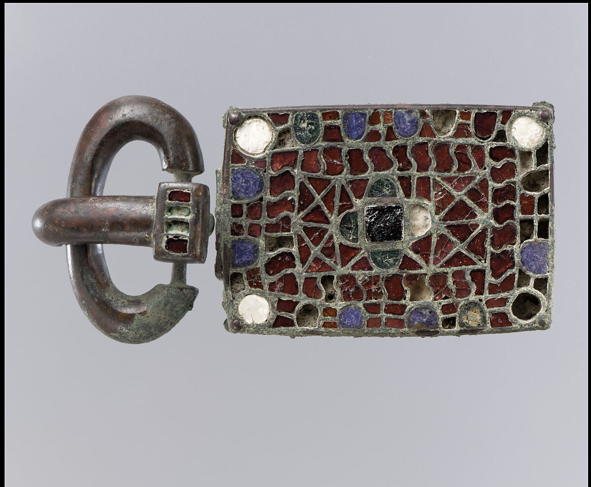 Belt Buckle, Copper alloy with garnets, glass, lapis lazuli, and cuttlefish bone, Visigothic 