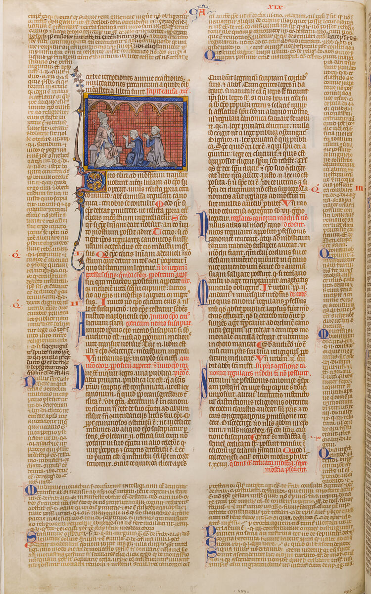 Bifolium with the Decretals of Gratian, Style of Master Honore (French), Tempera and gold on parchment, brown ink; modern leather binding, French