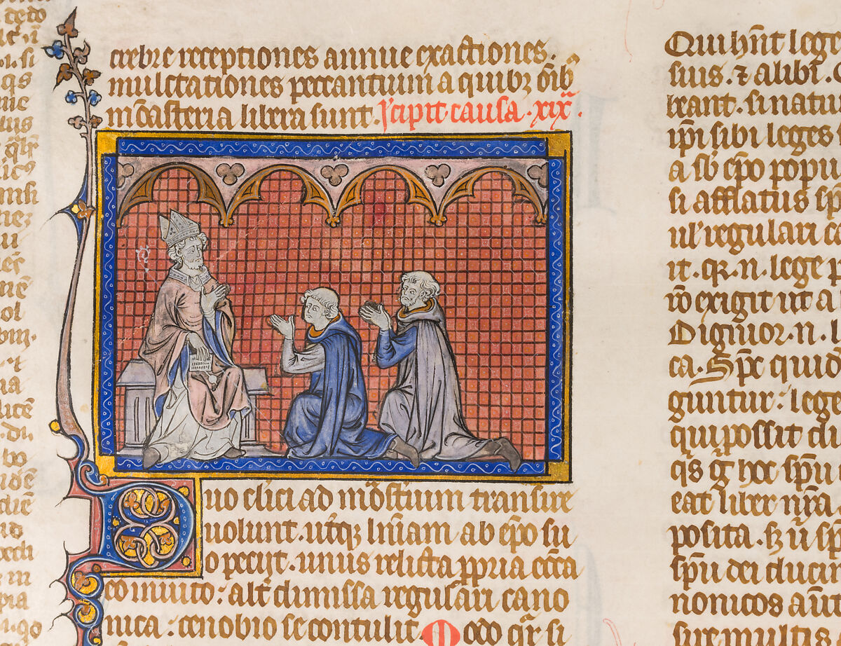 Bifolium with the Decretals of Gratian, Style of Master Honore (French), Tempera and gold on parchment, brown ink; modern leather binding, French