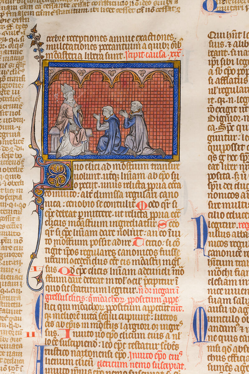 Bifolium with the Decretals of Gratian, Style of Master Honore (French), Tempera and gold on parchment, brown ink; modern leather binding, French