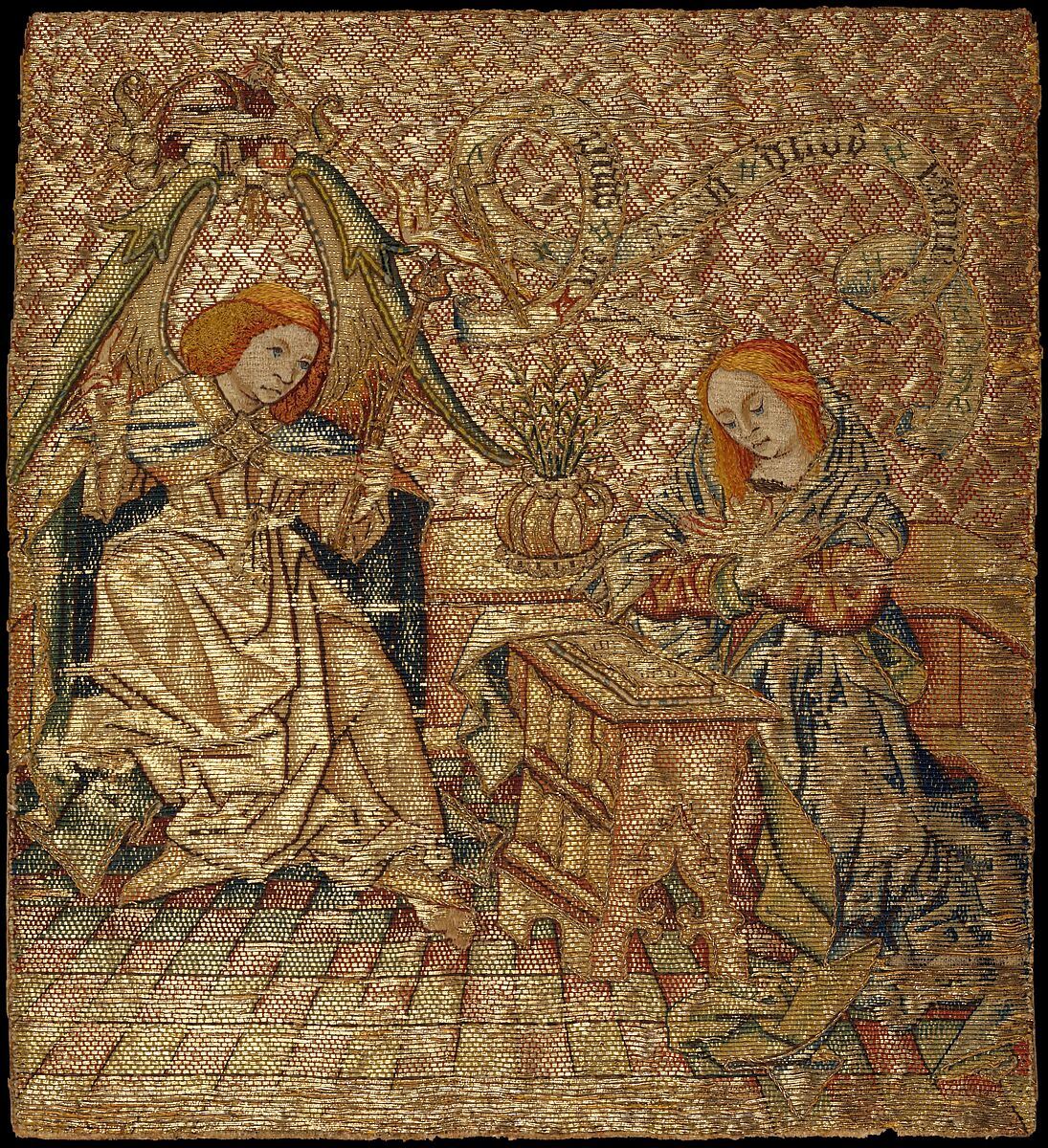 Embroidery with the Annunciation, Silk and metallic threads on linen, Netherlandish 