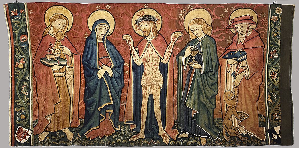 Altar Frontal with Man of Sorrows and Saints, Wool, linen, and metallic thread (gilt membrane on silk) on linen, German 