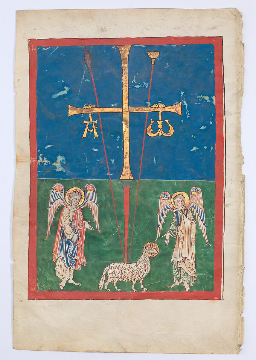 Leaf from a Beatus Manuscript: the Lamb at the Foot of the Cross, Flanked by Two Angels; The Calling of Saint John with the Enthroned Christ flanked by Angels and a Man Holding a Book, Tempera, gold, and ink on parchment, Spanish 