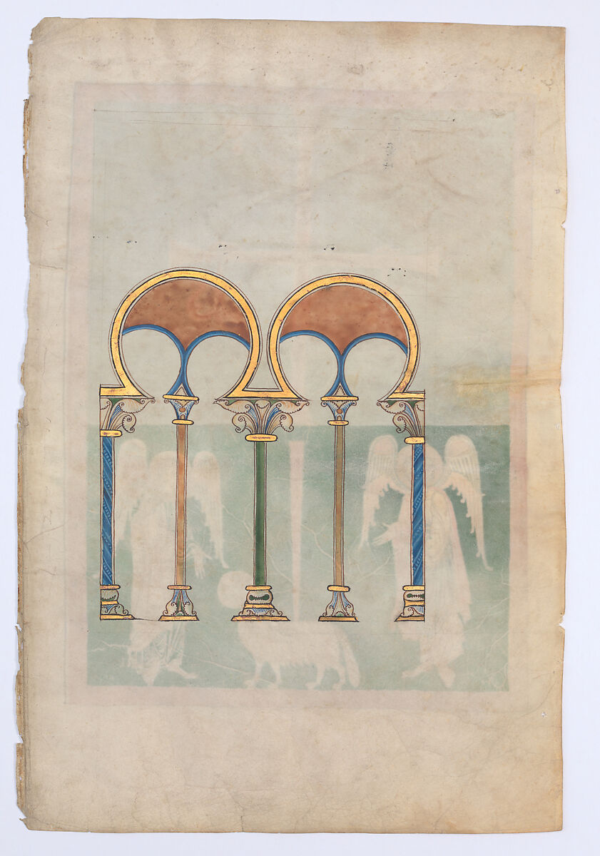 Leaf from a Beatus Manuscript: the Lamb at the Foot of the Cross, Flanked by Two Angels; The Calling of Saint John with the Enthroned Christ flanked by Angels and a Man Holding a Book, Tempera, gold, and ink on parchment, Spanish