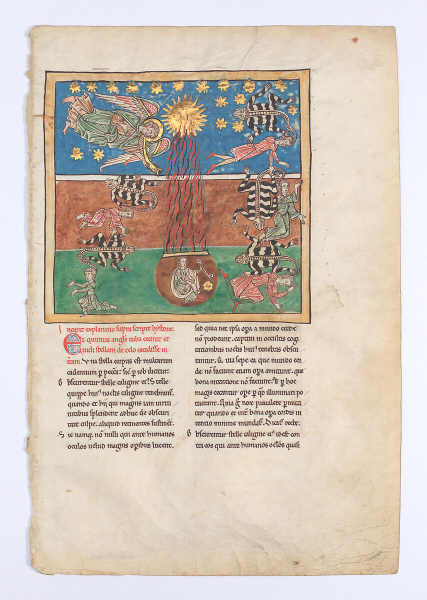 Leaf from a Beatus Manuscript: at the Clarion of the Fifth Angel's Trumpet, a Star Falls from the Sky; the Bottomless Pit is Opened with a Key; Emerging from the Smoke, Locusts Come Upon the Earth and Torment the Deathless, Tempera, gold, and ink on parchment, Spanish 