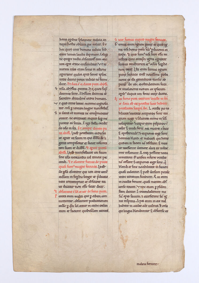 Leaf from a Beatus Manuscript: at the Clarion of the Fifth Angel's Trumpet, a Star Falls from the Sky; the Bottomless Pit is Opened with a Key; Emerging from the Smoke, Locusts Come Upon the Earth and Torment the Deathless, Tempera, gold, and ink on parchment, Spanish