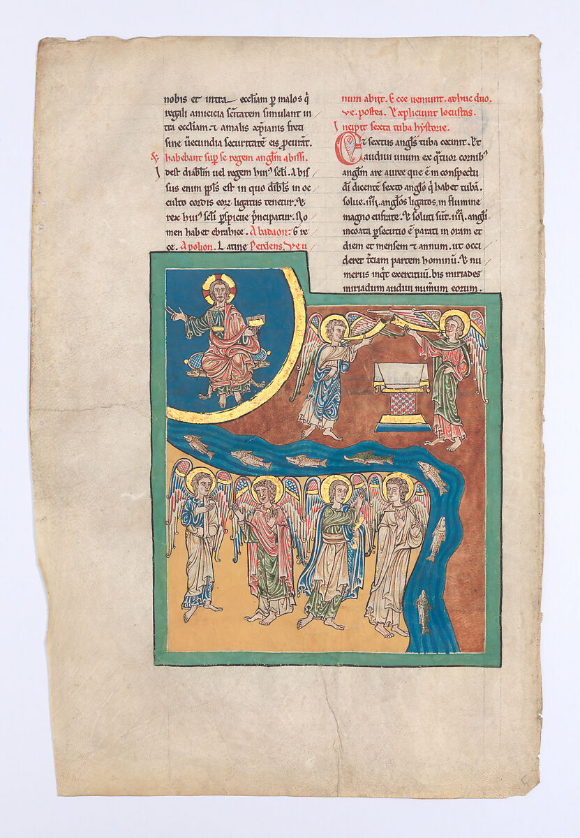 Leaf from a Beatus Manuscript: the Sixth Angel Delivers the Four Angels that had been Bound at the River Euphrates; an Altar Appears in the Heavens as the Enthroned Christ Raises His Hand in Blessing, Tempera, gold, and ink on parchment, Spanish