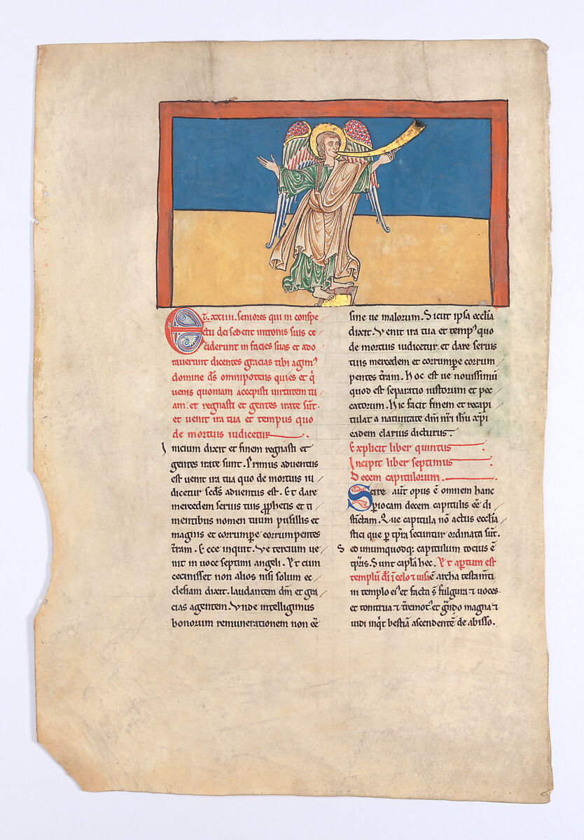 Leaf from a Beatus Manuscript: the Seventh Angel Proclaims the Reign of the Lord, Tempera, gold, and ink on parchment, Spanish 