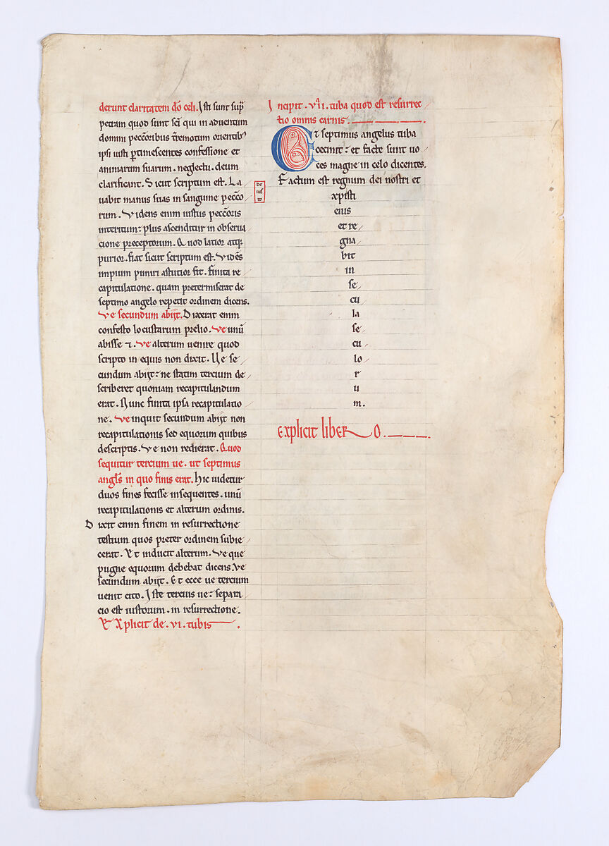 Leaf from a Beatus Manuscript: the Seventh Angel Proclaims the Reign of the Lord, Tempera, gold, and ink on parchment, Spanish