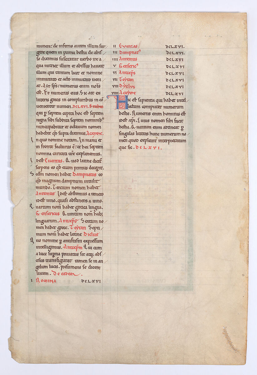 Leaf from a Beatus Manuscript: Table of the Antichrist, Tempera, gold, and ink on parchment, Spanish
