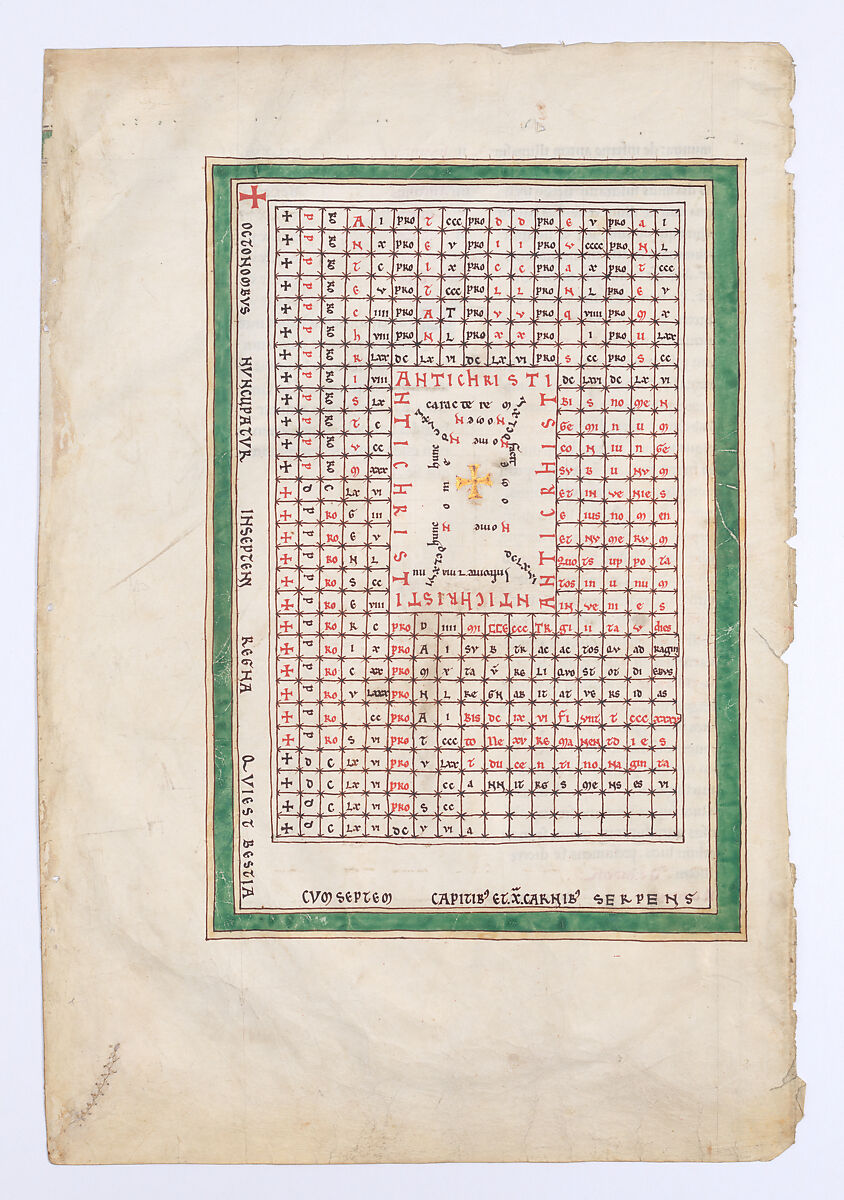 Leaf from a Beatus Manuscript: Table of the Antichrist, Tempera, gold, and ink on parchment, Spanish 
