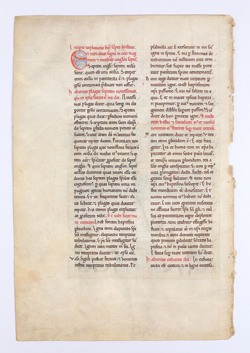 Leaf from a Beatus Manuscript: Seven Angels Hold the Cups of the Seven Last Plagues; The Hymn of the Lamb, Tempera, gold, and ink on parchment, Spanish