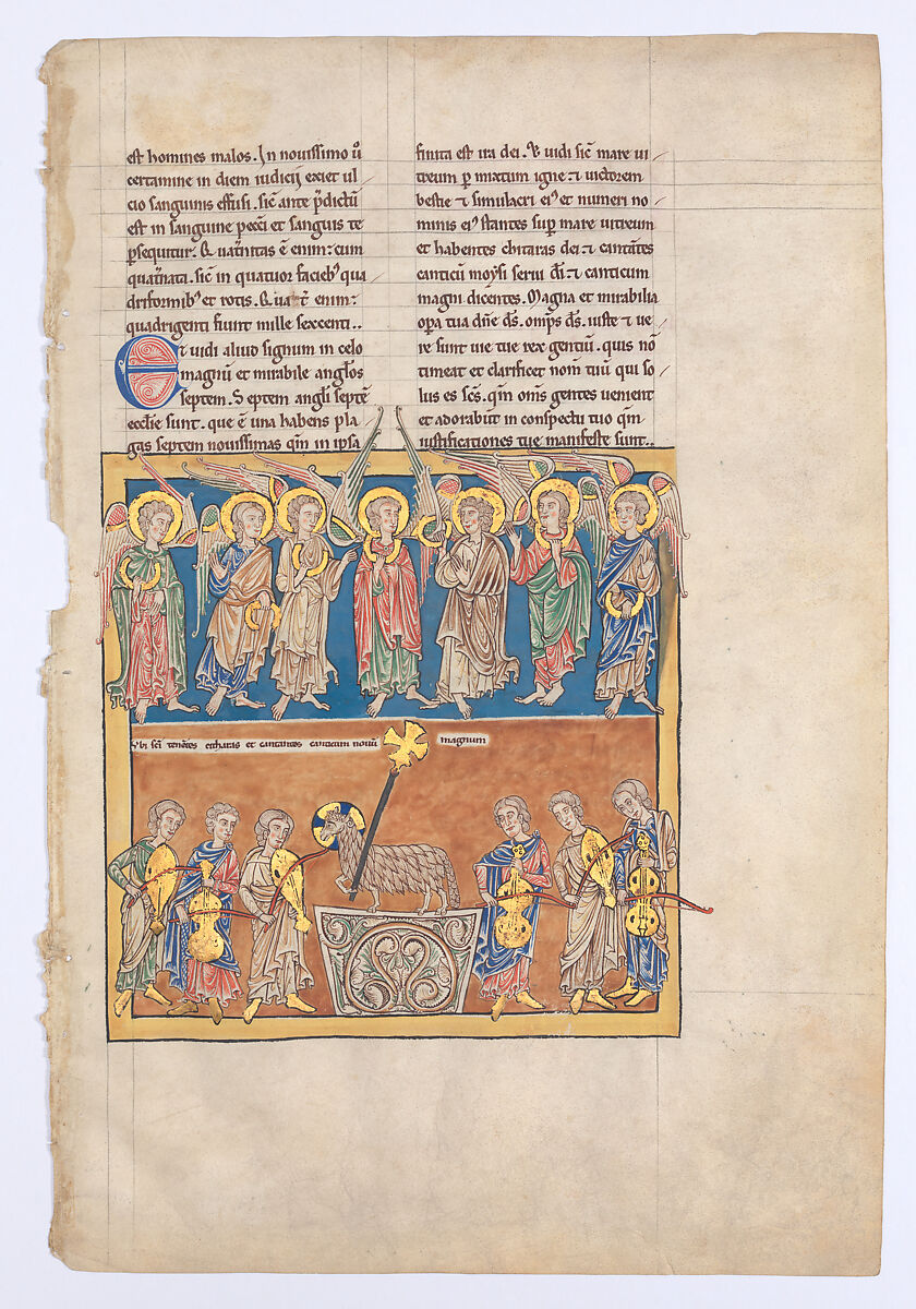 Leaf from a Beatus Manuscript: Seven Angels Hold the Cups of the Seven Last Plagues; The Hymn of the Lamb, Tempera, gold, and ink on parchment, Spanish 