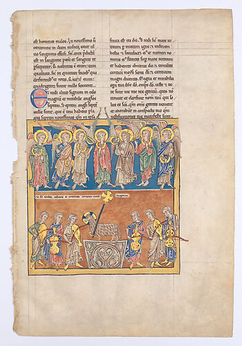 Leaf from a Beatus Manuscript: Seven Angels Hold the Cups of the Seven Last Plagues; The Hymn of the Lamb