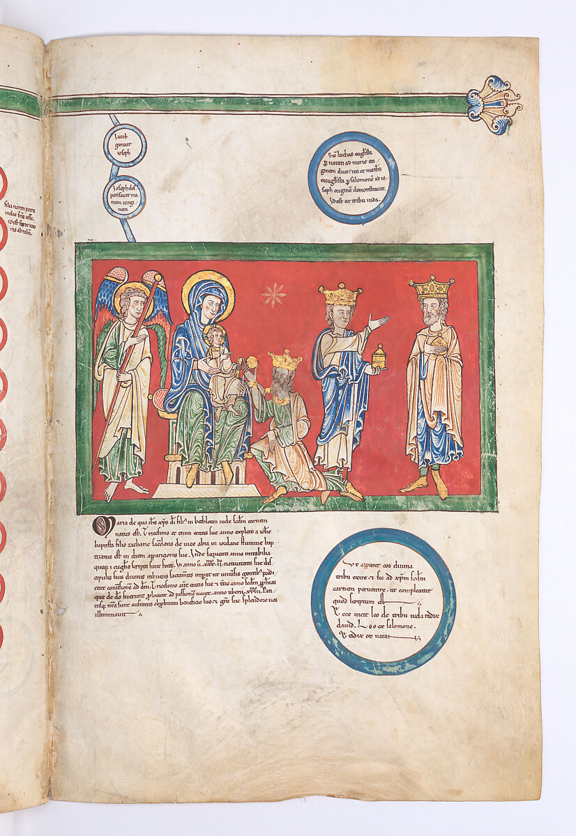 Leaves from a Beatus Manuscript: Bifolium with part of the Genealogy of Christ and the Adoration of the Magi, Tempera, gold, and ink on parchment, Spanish