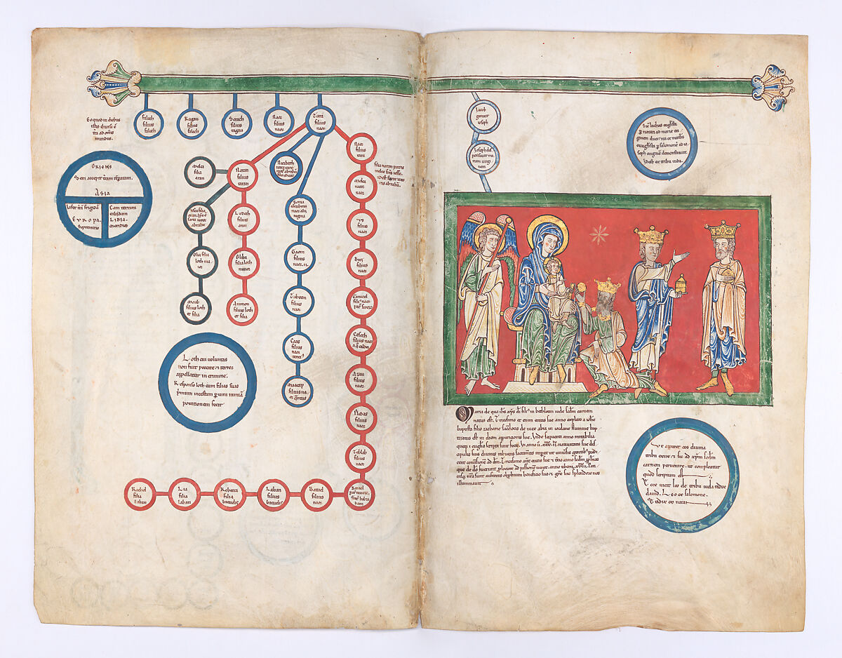 Leaves from a Beatus Manuscript: Bifolium with part of the Genealogy of Christ and the Adoration of the Magi, Tempera, gold, and ink on parchment, Spanish