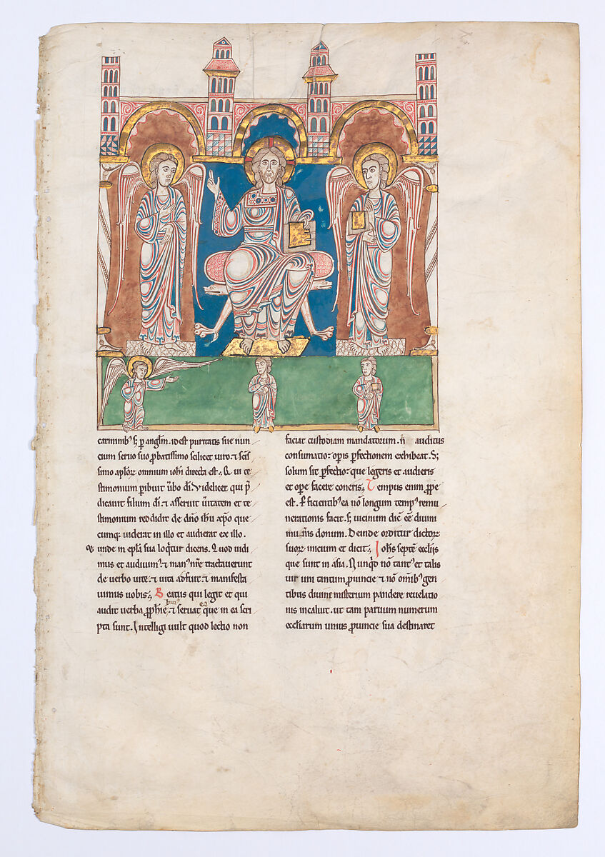 Leaf from a Beatus Manuscript: Christ in Majesty with Angels and  the Angel of God Directs Saint John to Write the Book of Revelation, Tempera, gold, and ink on parchment, Spanish 