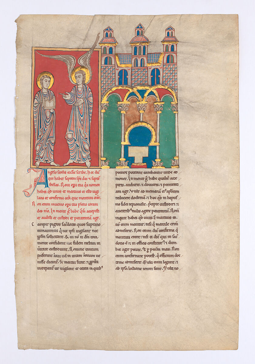Leaf from a Beatus Manuscript: the Angel of the Church of Sardis with Saint John, Tempera, gold, and ink on parchment, Spanish