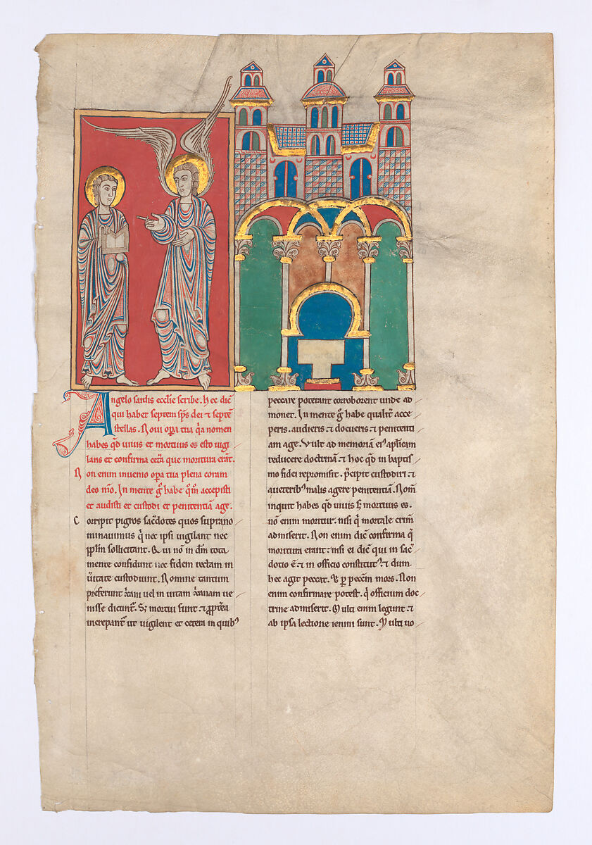 Leaf from a Beatus Manuscript: the Angel of the Church of Sardis with Saint John, Tempera, gold, and ink on parchment, Spanish 