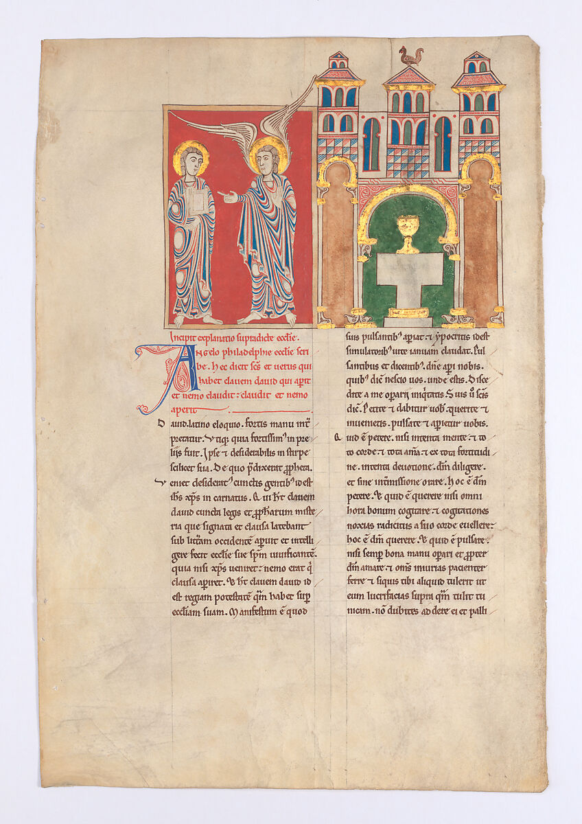 Leaf from a Beatus Manuscript: the Angel of the Church of Philadelphia with Saint John, Tempera, gold, and ink on parchment, Spanish 