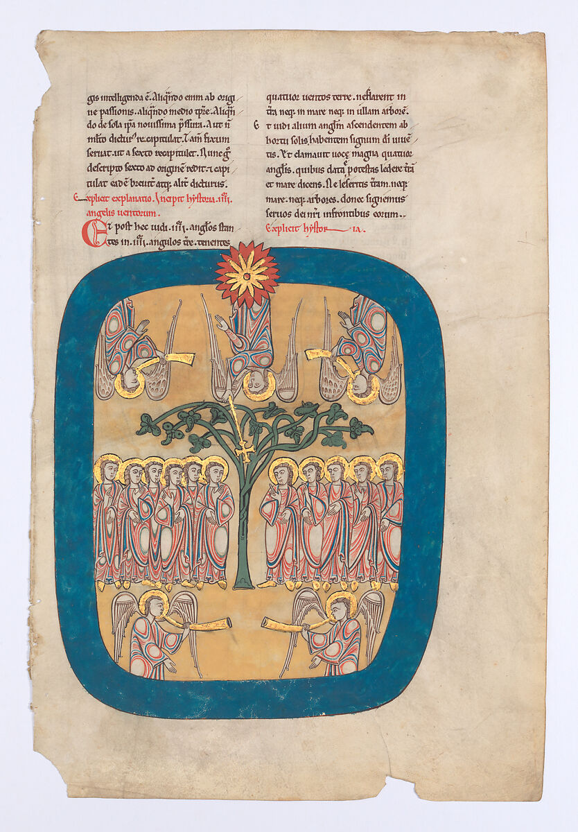 Leaf from a Beatus Manuscript: Angels Restrain the Four Winds; the Angel Ascends from the Rising Sun, Tempera, gold, and ink on parchment, Spanish 