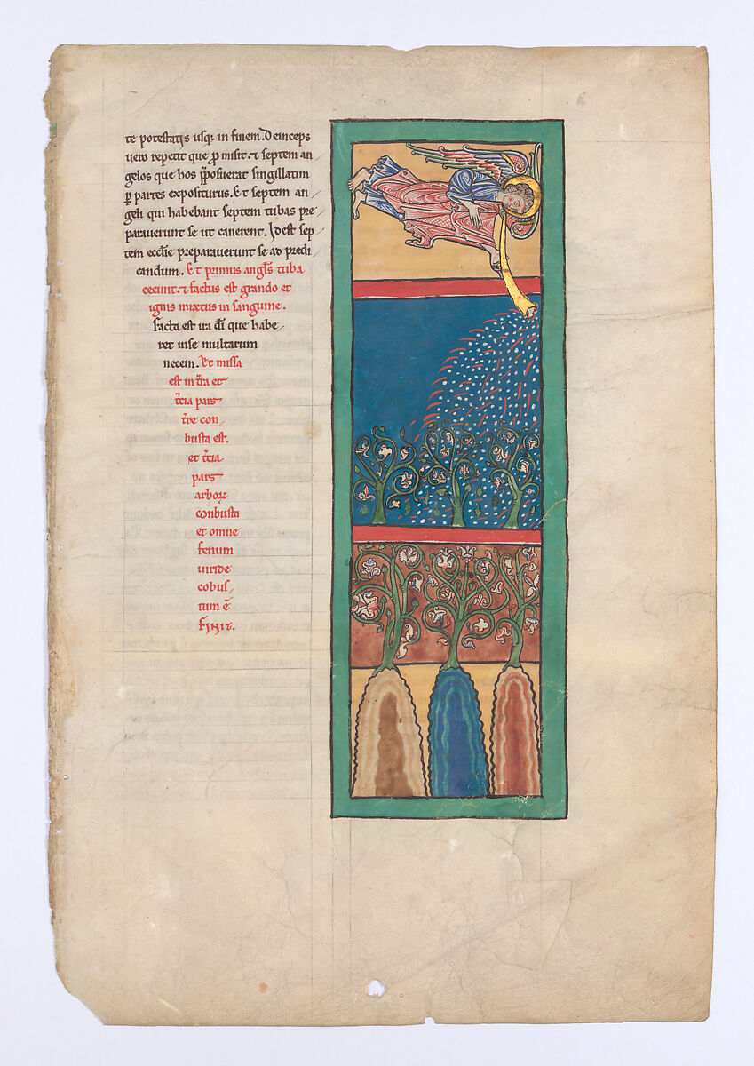 Leaf from a Beatus Manuscript: the First Angel Sounds the Trumpet; Fire, Hail-stones, and Blood are Cast Upon the Earth, Tempera, gold, and ink on parchment, Spanish 