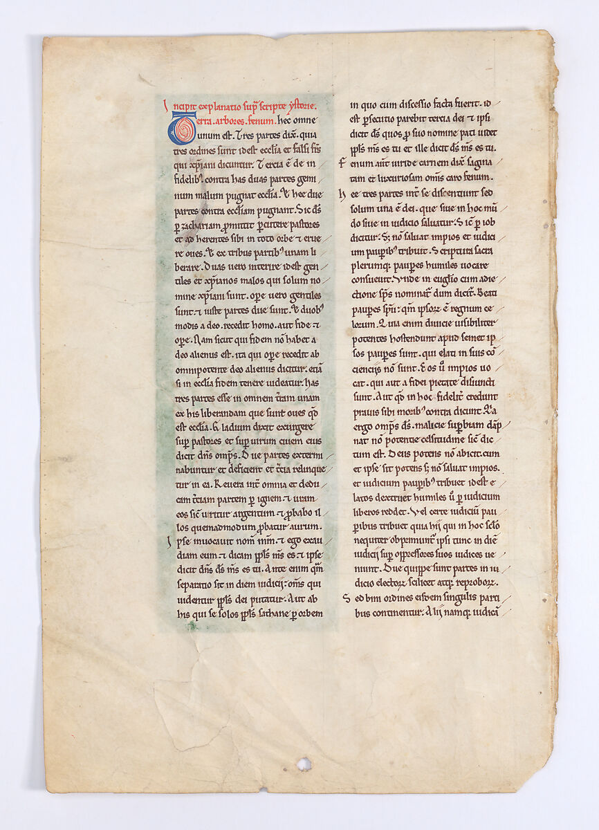 Leaf from a Beatus Manuscript: the First Angel Sounds the Trumpet; Fire, Hail-stones, and Blood are Cast Upon the Earth, Tempera, gold, and ink on parchment, Spanish