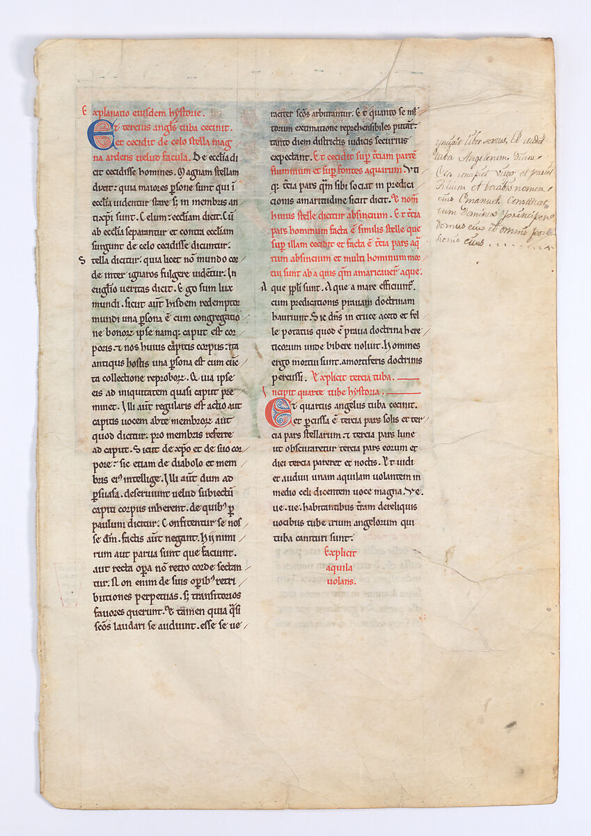 Leaf from a Beatus Manuscript: the Fourth Angel Sounds the Trumpet and an Eagle Cries Woe, Tempera, gold, and ink on parchment, Spanish