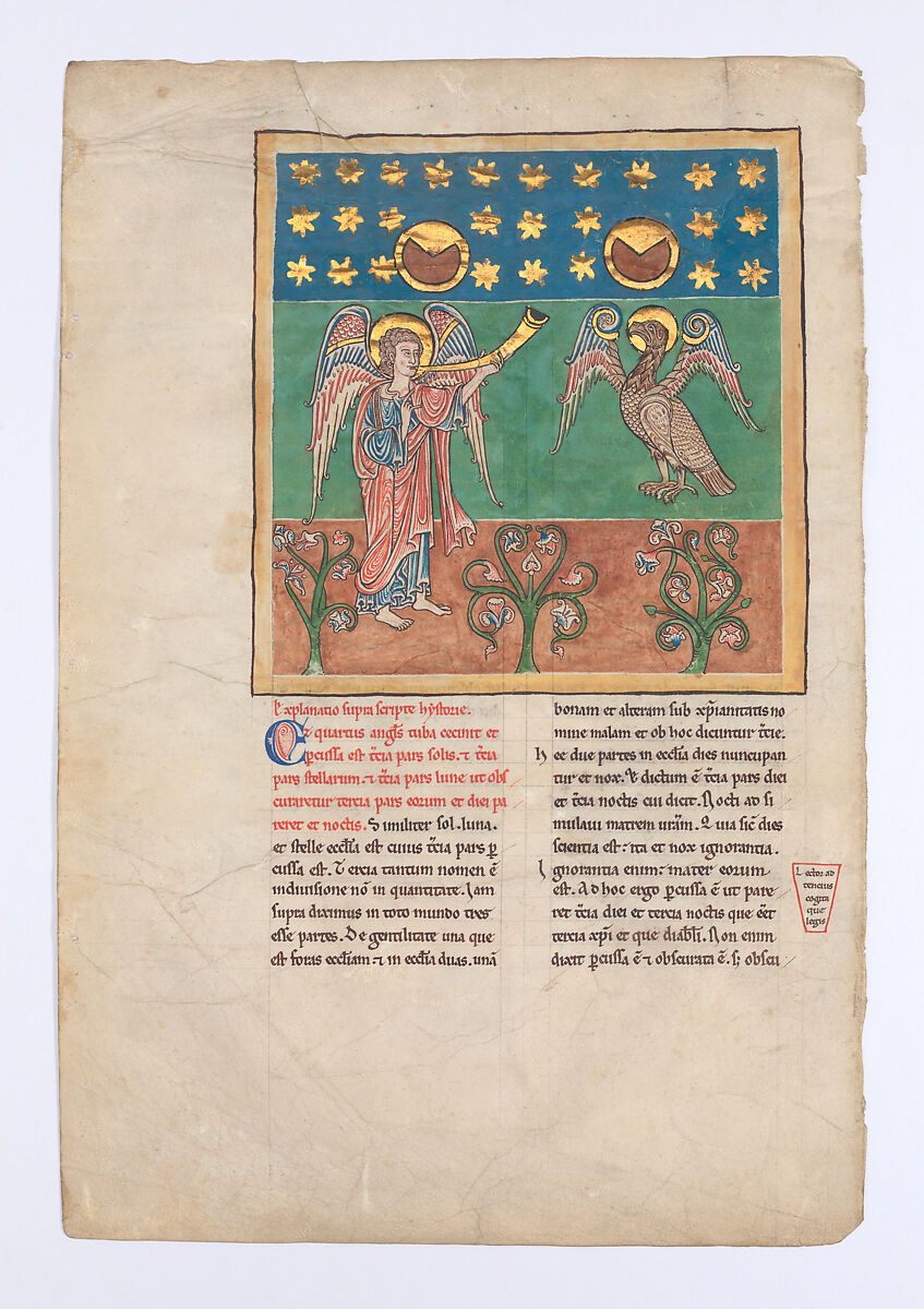 Leaf from a Beatus Manuscript: the Fourth Angel Sounds the Trumpet and an Eagle Cries Woe, Tempera, gold, and ink on parchment, Spanish 