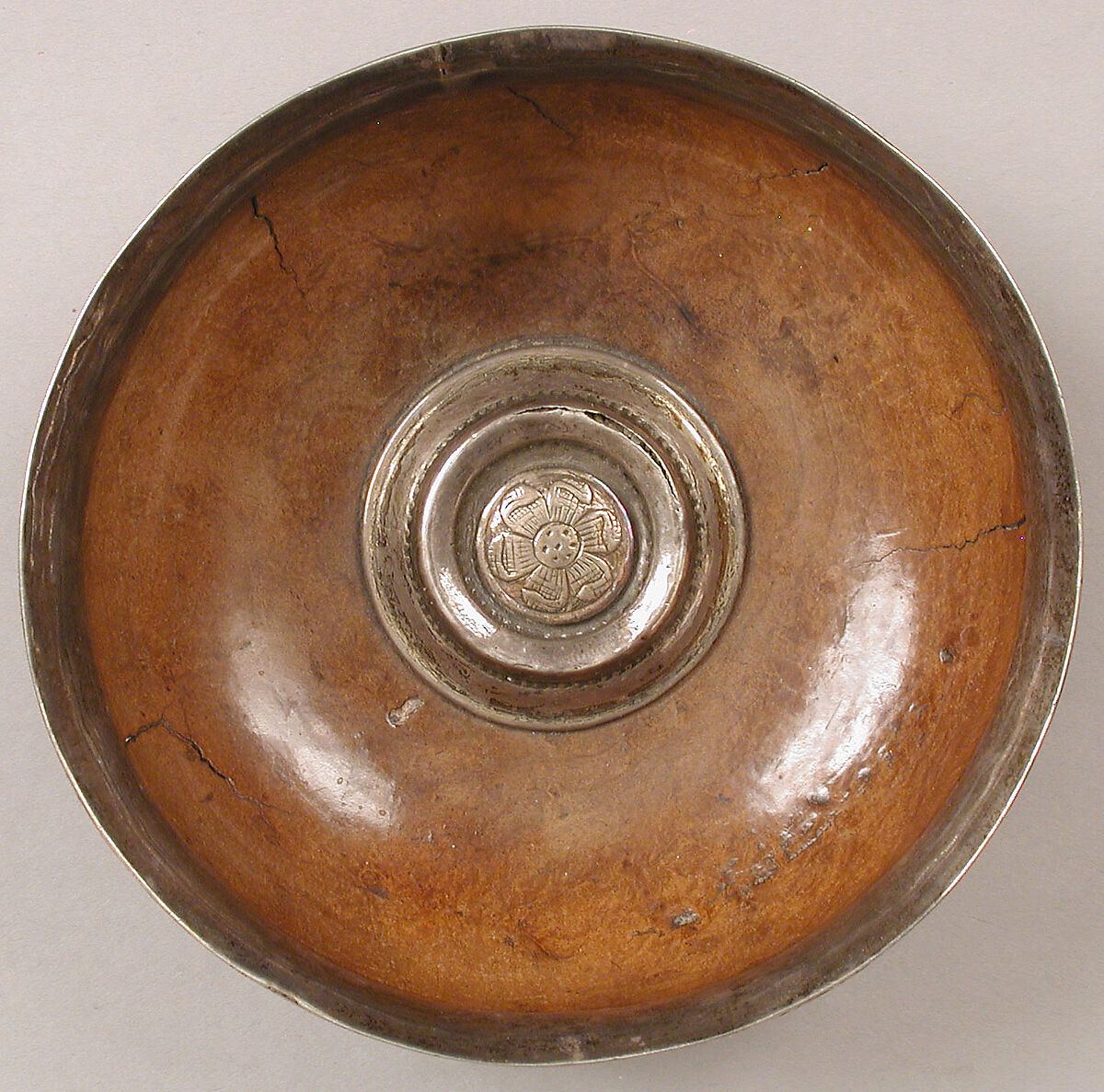 Drinking Bowl, Mazer wood with silver and engraved silver mounts, British