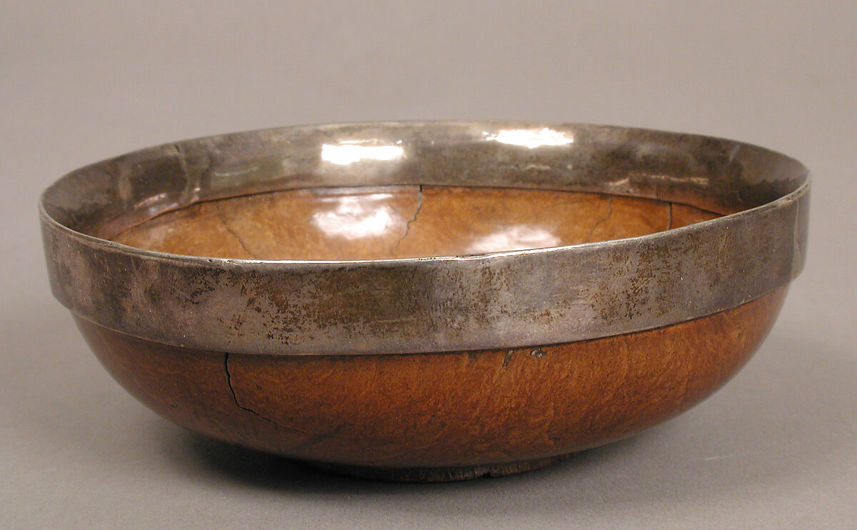 Drinking Bowl, Mazer wood with silver and engraved silver mounts, British