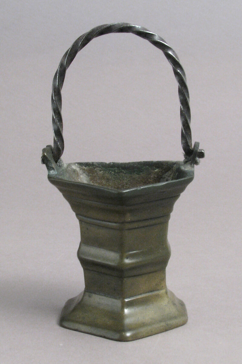 Holy Water Basin, Brass, with later iron handle, Netherlandish 