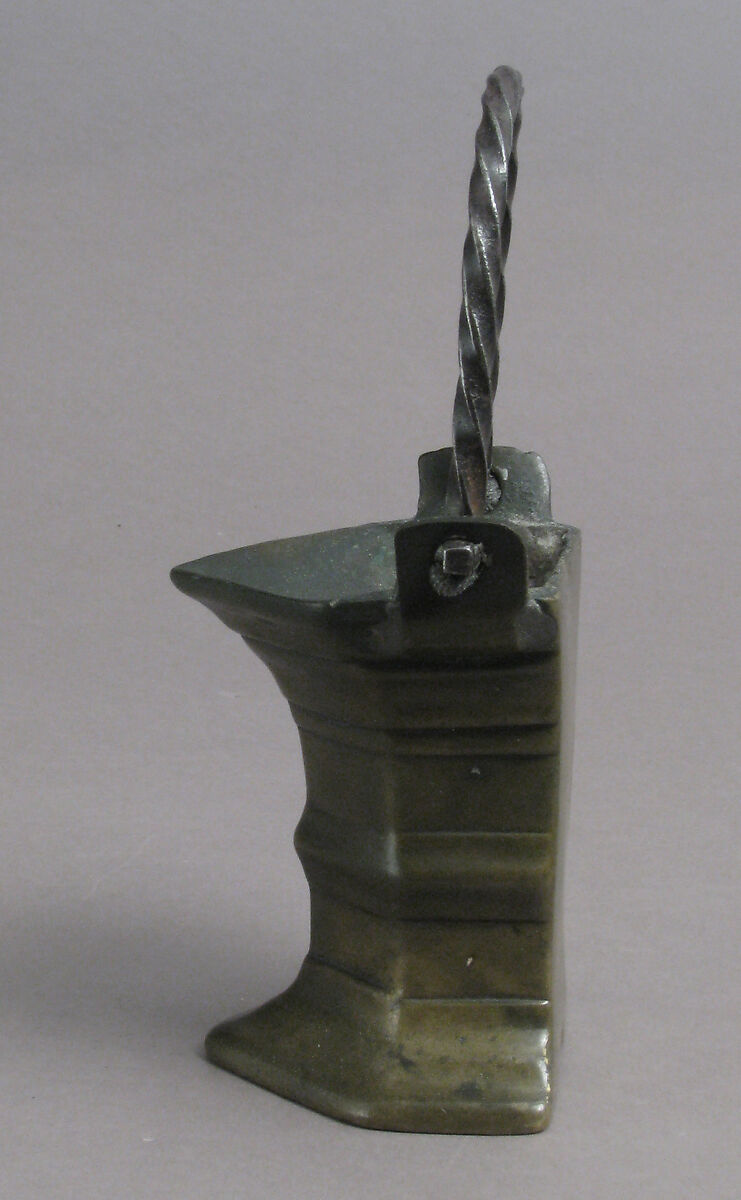 Holy Water Basin, Brass, with later iron handle, Netherlandish