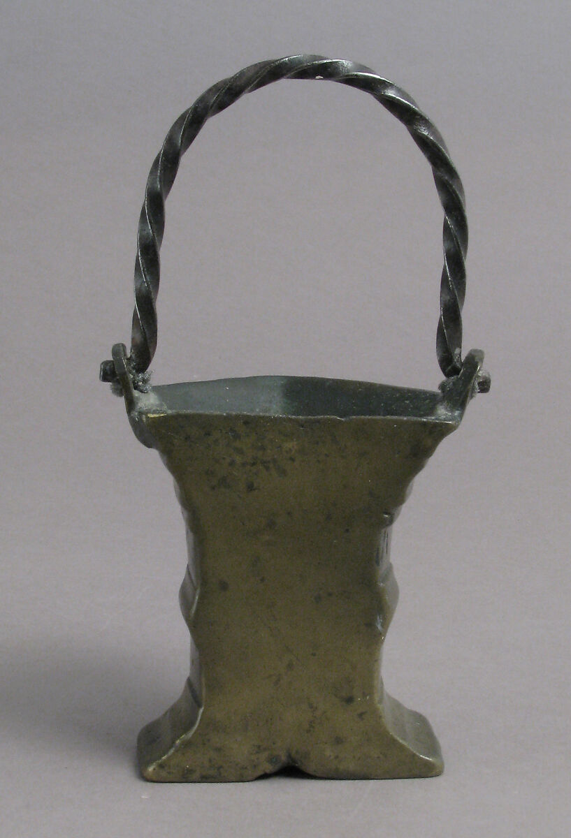 Holy Water Basin, Brass, with later iron handle, Netherlandish