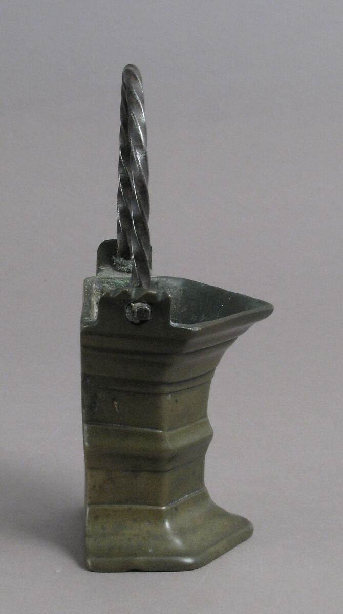 Holy Water Basin, Brass, with later iron handle, Netherlandish