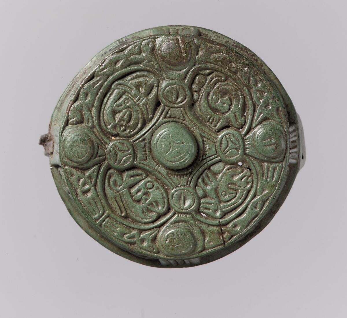 Round Box Brooch, Copper alloy, cast, traces of an iron pin, Viking