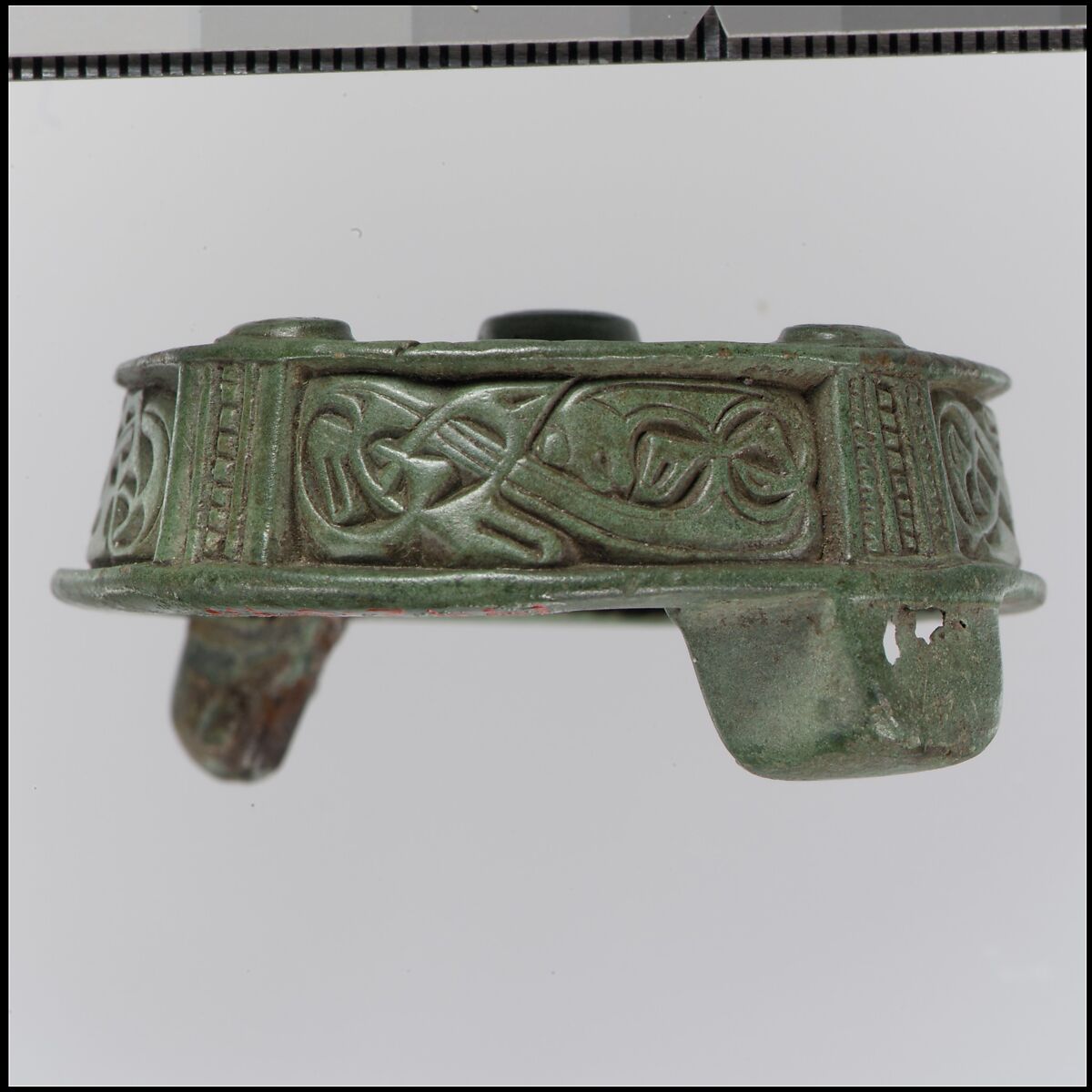 Round Box Brooch, Copper alloy, cast, traces of an iron pin, Viking