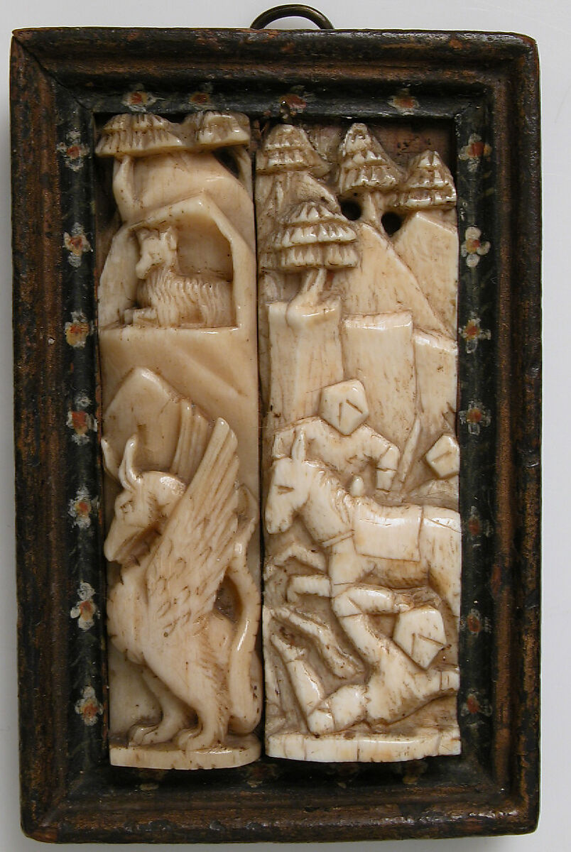 Fragments of a Box representing the Quest for the Golden Fleece, possibly Embriachi Workshop, Bone (in modern painted wood frame), North Italian 