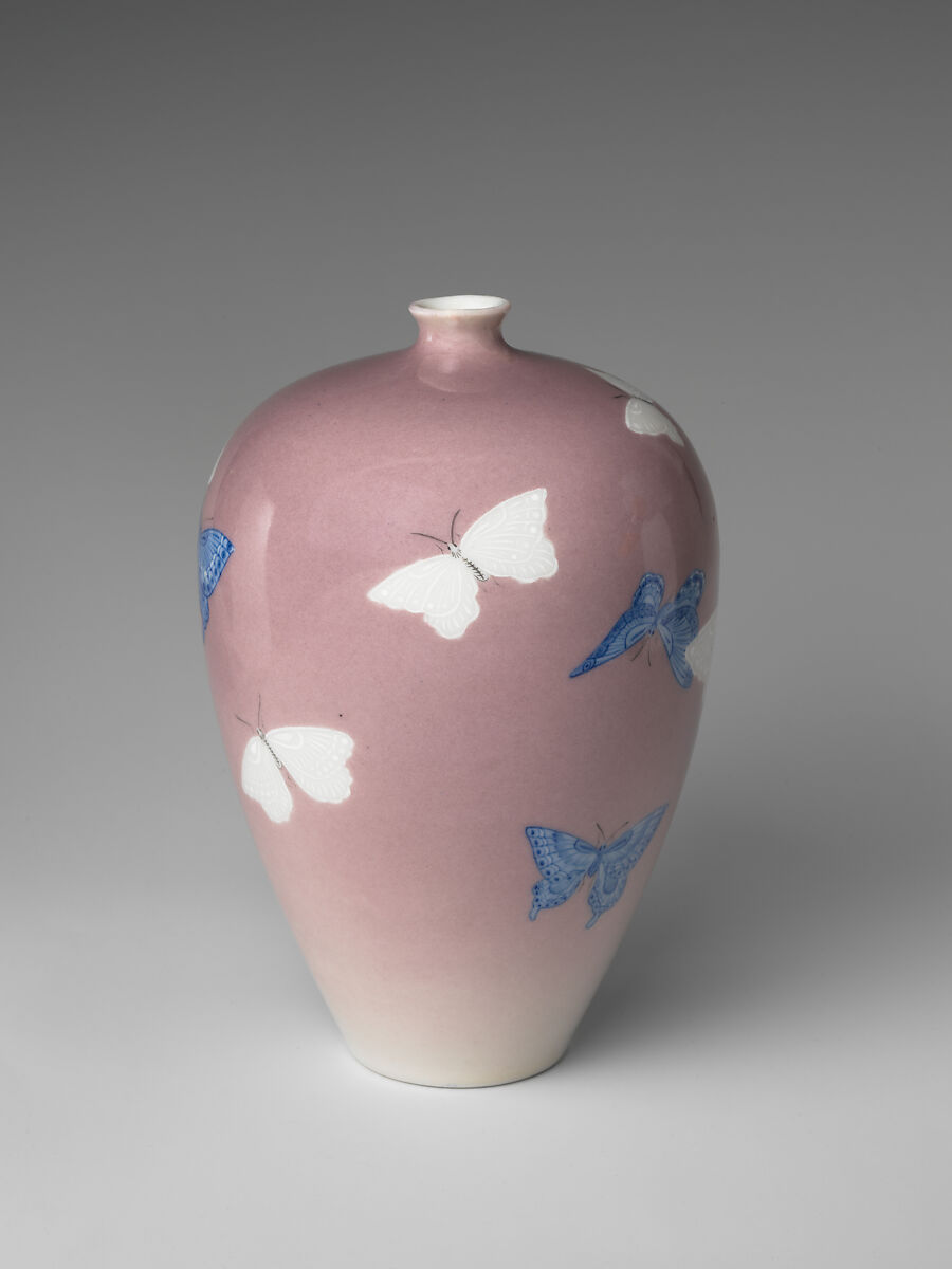 Vase with Butterflies, Katō Tomotarō (Japanese, 1851–1916), Porcelain with underglaze blue, overglaze pink and white slip, Japan