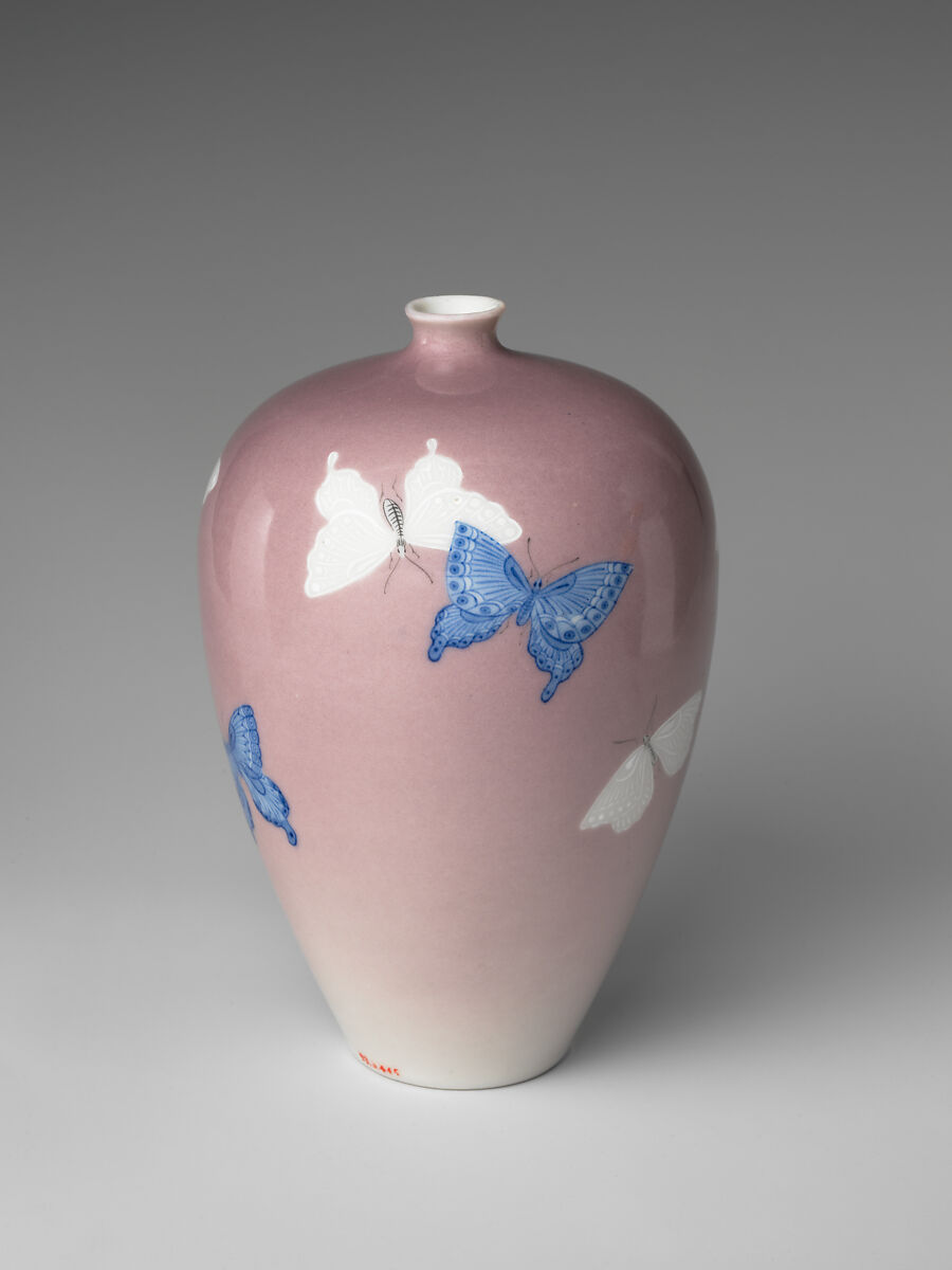 Vase with Butterflies, Katō Tomotarō (Japanese, 1851–1916), Porcelain with underglaze blue, overglaze pink and white slip, Japan