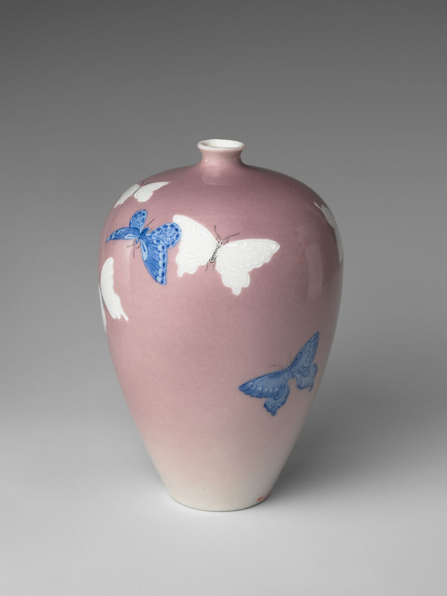 Vase with Butterflies, Katō Tomotarō (Japanese, 1851–1916), Porcelain with underglaze blue, overglaze pink and white slip, Japan