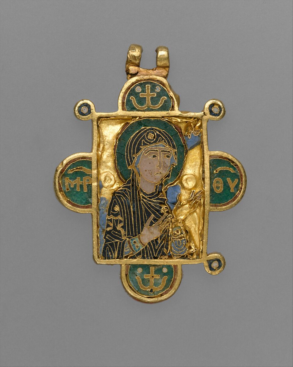 Double-Sided Pendant Icon with the Virgin and Christ Pantokrator, Gold, cloisonné enamel, Byzantine